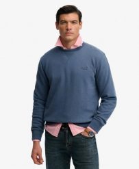Superdry Bluza Essential Logo Crew z bawełny z recyklingu Vintage Indigo. Niebieskie bluzy damskie Superdry, xl, z aplikacjami, z bawełny, vintage, bez ramiączek, bez kaptura. Za 301.95 zł.