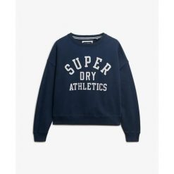 Bluza damska z naszywką tekstową Superdry Athletic Essentials. Niebieskie bluzy damskie Superdry, m, z aplikacjami, z materiału, klasyczne, bez ramiączek, bez kaptura. Za 255.00 zł.
