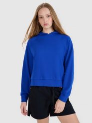 4F Bluza dresowa nierozpinana z kapturem damska - niebieska M. Niebieskie bluzy damskie 4F, m, bez wzorów, z bawełny, klasyczne, bez ramiączek, z kapturem. W wyprzedaży za 99.99 zł.