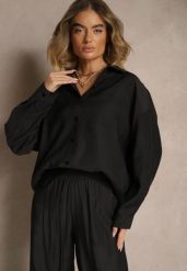 Czarna Koszula Oversize w Klasycznym Stylu z Kieszonką Liozira. Czarne koszule damskie Renee, l, bez wzorów, biznesowe, bez kołnierzyka, bez ramiączek. Za 89.99 zł.