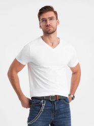 T-shirt męski V-NECK z elastanem - biały V1 OM-TSCT-0106 - XXL. Białe t-shirty męskie Ombre Clothing, l, bez wzorów, z bawełny, bez kołnierzyka, bez ramiączek. W wyprzedaży za 39.99 zł.
