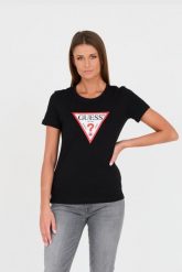 GUESS Czarny t-shirt Original Tee. Czarne t-shirty damskie Guess, s, z aplikacjami, bez kołnierzyka, bez ramiączek. W wyprzedaży za 89.99 zł.