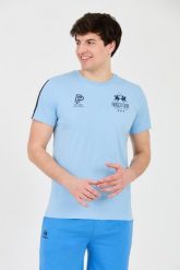 LA MARTINA Błękitny t-shirt Jersey. Niebieskie t-shirty męskie La Martina, m, bez wzorów, z jersey, bez kołnierzyka, bez ramiączek. W wyprzedaży za 269.99 zł.