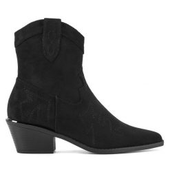 Kowbojki DeeZee. Czarne botki damskie DeeZee, bez wzorów, bez obcasa, na słupku, bez zapięcia. Za 143.99 zł.