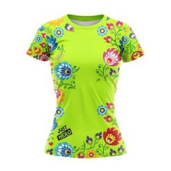Koszulka do biegania Och Zielony Folk damska krótki rękaw. Zielone bluzki damskie JUST HERO, bez wzorów, sportowe, bez kołnierzyka, bez ramiączek. Za 99.00 zł.