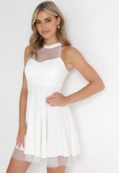 Biała Rozkloszowana Sukienka Mini z Siateczką Philippina. Białe sukienki damskie Born2be, na imprezę, bez wzorów, z tiulu, bez kołnierzyka, bez ramiączek, mini, rozkloszowane. Za 109.99 zł.