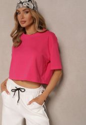 Różowy T-shirt o Fasonie Cropped Oversize Brighta. Czerwone t-shirty damskie Renee, l, bez wzorów, eleganckie, bez kołnierzyka, bez ramiączek. Za 24.99 zł.