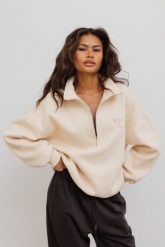Bluza oversize z zamkiem w kolorze BISQUIT - STATE-UNI. Brązowe bluzy damskie Marsala, bez wzorów, z bawełny, eleganckie, bez ramiączek, bez kaptura. Za 299.90 zł.