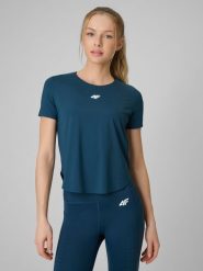 4F Koszulka treningowa regular szybkoschnąca damska - turkusowa L. Niebieskie koszulki sportowe damskie 4F, l, bez wzorów, ze skóry, bez ramiączek, na fitness i siłownię. Za 129.99 zł.