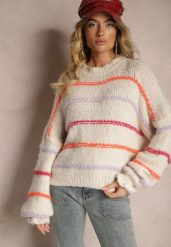 Jasnobeżowy Sweter Obszyty Kolorowymi Nitkami z Wełną Romizelle. Brązowe swetry nierozpinane damskie Renee, z aplikacjami, z jeansu, casualowe, bez kołnierzyka, bez ramiączek. Za 159.99 zł.