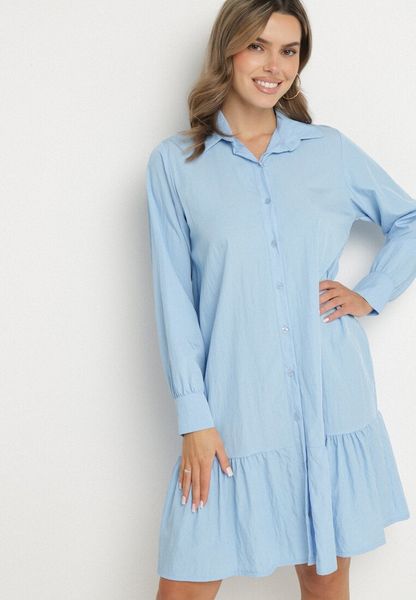 Niebieska Sukienka z Wiskozą o Koszulowym Kroju z Falbanką Penzedi. Niebieskie sukienki damskie Born2be, na co dzień, uniwersalny, bez wzorów, z wiskozy, eleganckie, bez kołnierzyka, bez ramiączek, mini, koszulowe. Za 89.99 zł.