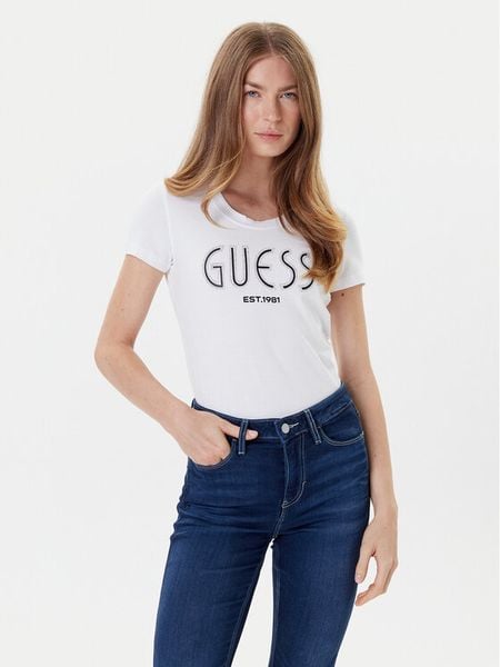 Guess T-Shirt W5YI05 J1314 Biały Regular Fit. Białe t-shirty damskie Guess, xxl, z aplikacjami, z bawełny, bez kołnierzyka, bez ramiączek. Za 109.99 zł.