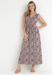 Fioletowa Wiskozowa Sukienka Maxi w Kwiaty z Gumką w Pasie Tolira. Fioletowe sukienki damskie Born2be, l, bez wzorów, z wiskozy, bez kołnierzyka, bez ramiączek, maxi, rozkloszowane. Za 39.99 zł.