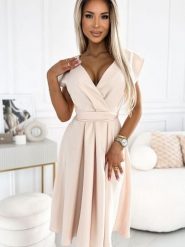 Sukienka Model Scarlett 348-7 Beige - Numoco. Brązowe sukienki damskie Numoco, na ślub cywilny, l, bez wzorów, z elastanu, eleganckie, bez kołnierzyka, bez ramiączek, rozkloszowane. Za 334.28 zł.