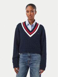 Tommy Jeans Sweter DW0DW23550 Granatowy Regular Fit. Niebieskie swetry nierozpinane damskie Tommy Jeans, s, bez wzorów, z bawełny, bez kołnierzyka, bez ramiączek. Za 489.99 zł.