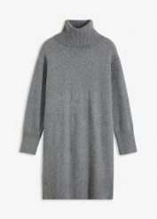 Sukienka dzianinowa z golfem. Szare sukienki damskie bonprix, bez wzorów, z dzianiny, bez kołnierzyka, bez ramiączek, mini. Za 169.99 zł.