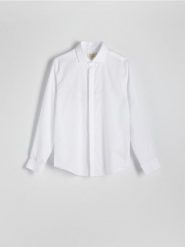 Bawełniana koszula slim fit - biały. Białe koszule męskie Reserved, l, bez wzorów, z bawełny, bez kołnierzyka, bez ramiączek. W wyprzedaży za 129.99 zł.