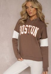 Brązowa Bawełniana Bluza z Kapturem w Amerykańskim Stylu z Napisem i Polarem Iocaste. Brązowe bluzy damskie Renee, bez wzorów, z bawełny, casualowe, bez ramiączek, z kapturem. Za 79.99 zł.