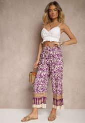 Fioletowe Spodnie z Bawełny High Waist z Abstrakcyjnym Wzorem Lisathiela. Fioletowe spodnie materiałowe damskie Renee, bez wzorów, z bawełny, z podwyższonym stanem. Za 29.99 zł.