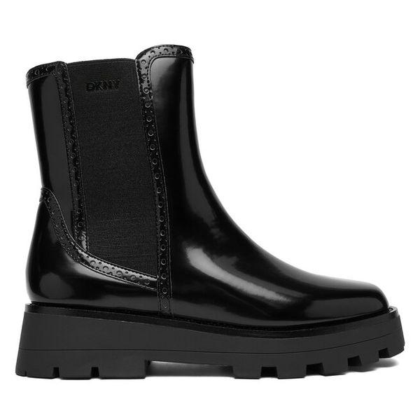 Sztyblety DKNY. Czarne botki damskie DKNY, bez wzorów, bez obcasa, na płaskiej podeszwie, bez zapięcia. Za 439.99 zł.