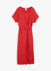 Sukienka z dżerseju z mieszanki wiskozy. Czerwone sukienki damskie bonprix, bez wzorów, z dżerseju, eleganckie, bez kołnierzyka, bez ramiączek. Za 59.99 zł.