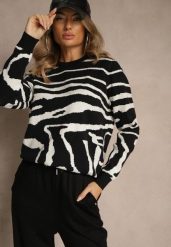 Czarny Klasyczny Sweter w Zebrę Unarella. Czarne swetry nierozpinane damskie Renee, l, bez wzorów, casualowe, bez kołnierzyka, bez ramiączek. Za 79.99 zł.