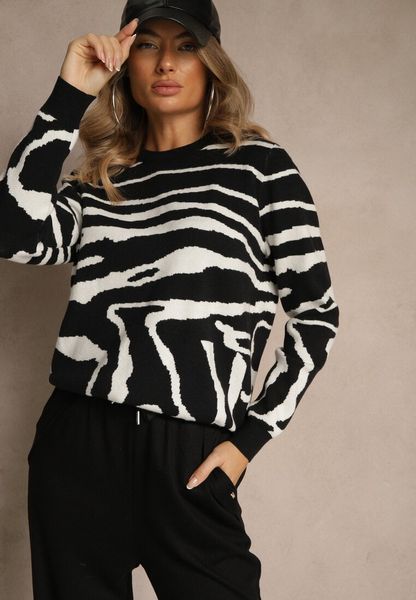 Czarny Klasyczny Sweter w Zebrę Unarella. Czarne swetry nierozpinane damskie Renee, l, bez wzorów, casualowe, bez kołnierzyka, bez ramiączek. Za 79.99 zł.