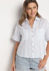Niebieska Koszula z Lnu i Wiskozy o Kroju Oversize Restia. Niebieskie koszule damskie Born2be, m, bez wzorów, z tkaniny, biznesowe, bez kołnierzyka, bez ramiączek. Za 119.99 zł.
