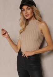 Beżowy Top z Golfem i Wiskozą z Prążkowanego Materiału Lilithea. Brązowe topy damskie Renee, m, bez wzorów, z jeansu, eleganckie, bez kołnierzyka, bez ramiączek. Za 69.99 zł.