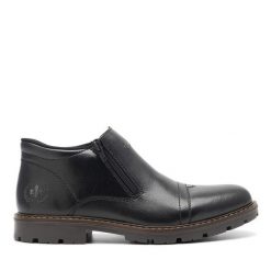 Botki Rieker. Czarne botki męskie Rieker, bez wzorów, bez obcasa, bez zapięcia. Za 419.99 zł.