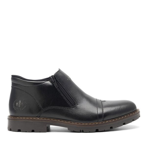 Botki Rieker. Czarne botki męskie Rieker, bez wzorów, bez obcasa, bez zapięcia. Za 419.99 zł.