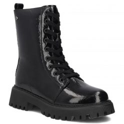 Skórzane botki damskie lakierowane glany czarne Filippo DBT8288. Czarne botki damskie Filippo, bez wzorów, z lakierowanej skóry, bez obcasa, bez zapięcia. Za 289.99 zł.