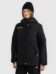 4F Kurtka snowboardowa membrana 15000 damska - czarna M. Czarne kurtki sportowe damskie 4F, na zimę, m, bez wzorów, z materiału, bez ramiączek, bez kaptura, narciarskie. Za 699.99 zł.