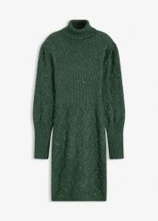Sukienka dzianinowa z cekinami. Zielone sukienki damskie bonprix, bez wzorów, z dzianiny, eleganckie, bez kołnierzyka, bez ramiączek. Za 149.99 zł.