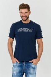 GUESS Granatowy t-shirt Arlo Cn. Niebieskie t-shirty męskie Guess, l, z aplikacjami, bez kołnierzyka, bez ramiączek. W wyprzedaży za 109.99 zł.