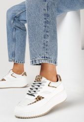 Białe Sneakersy na Grubej Podeszwie Ozdobione Brokatem Evllina. Białe obuwie sportowe damskie Born2be, bez wzorów, bez zapięcia. Za 99.99 zł.