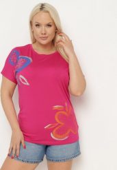 Ciemnoróżowy Klasyczny T-shirt z Bawełny Ozdobiony Nadrukiem i Cyrkoniami Kristinae. Czerwone t-shirty damskie Born2be, l, z aplikacjami, z bawełny, klasyczne, bez kołnierzyka, bez ramiączek. Za 29.99 zł.