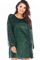 Luźna Mini Sukienka w Stylu Glamour - Zielona. Zielone sukienki damskie Awama, l, bez wzorów, z materiału, glamour, bez kołnierzyka, bez ramiączek, mini. Za 419.90 zł.