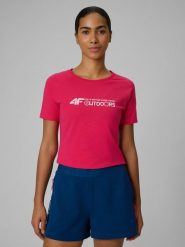 4F T-shirt slim z nadrukiem damski - różowy S. Czerwone t-shirty damskie 4F, l, bez wzorów, z materiału, bez kołnierzyka, bez ramiączek. Za 59.99 zł.
