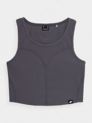4F Crop-top z prążkowanej dzianiny damski XL. Szare topy damskie 4F, xl, bez wzorów, z dzianiny, bez kołnierzyka, bez ramiączek. W wyprzedaży za 29.99 zł.