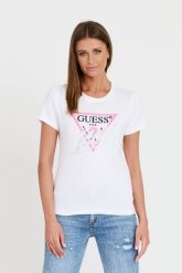 GUESS Biały T-shirt Icon Tee. Białe t-shirty damskie Guess, s, z aplikacjami, bez kołnierzyka, bez ramiączek. W wyprzedaży za 181.99 zł.