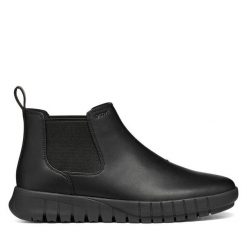 Sztyblety Geox. Czarne botki damskie Geox, bez wzorów, bez obcasa, na płaskiej podeszwie, bez zapięcia. Za 549.99 zł.