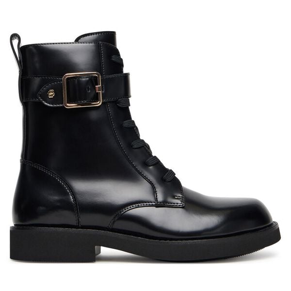 Trzewiki BOSS. Czarne botki damskie Boss, bez wzorów, bez obcasa, na płaskiej podeszwie, bez zapięcia. Za 759.99 zł.