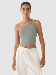 4F Crop top treningowy na jedno ramię 4F x Anna Lewandowska - khaki XL. Brązowe koszulki sportowe damskie 4F, xl, bez wzorów, z dzianiny, bez ramiączek, na fitness i siłownię. Za 129.99 zł.