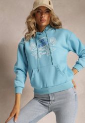 Jasnoniebieska Modna Bluza z Nadrukiem i Kapturem Ozdobiona Nadrukiem Arinalu. Niebieskie bluzy damskie Renee, l, bez wzorów, z polaru, casualowe, bez ramiączek. Za 79.99 zł.