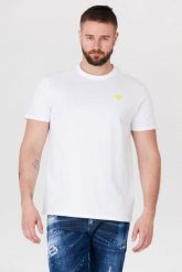 GUESS Biały t-shirt męski z żółtym logo. Białe t-shirty męskie Guess, m, z aplikacjami, bez kołnierzyka, bez ramiączek. W wyprzedaży za 99.99 zł.