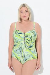 Damski Strój kąpielowy wzór w fale miękkie miseczki zamek błyskawiczny. Zielone stroje kąpielowe damskie Ulla Popken, plus size, bez wzorów, z elastanu. Za 191.99 zł.