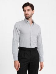 Męska koszula SLIM FIT z ozdobnej tkaniny – szara V2 OM-SHCS-0175 - XXL. Szare koszule męskie Ombre Clothing, l, z aplikacjami, z bawełny, biznesowe, bez kołnierzyka, bez ramiączek. W wyprzedaży za 119.99 zł.