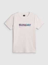 4F T-shirt regular z nadrukiem damski - biały XS. Białe t-shirty damskie 4F, xs, bez wzorów, z bawełny, klasyczne, bez kołnierzyka, bez ramiączek. Za 59.99 zł.