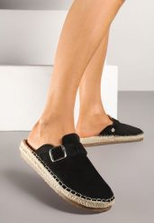 Czarne Klapki Typu Chodaki z Klamerką na Podeszwie z Plecionki Ziariana. Czarne klapki damskie Renee, na lato, bez wzorów, z jeansu, boho, bez obcasa, na płaskiej podeszwie, bez zapięcia. Za 79.99 zł.